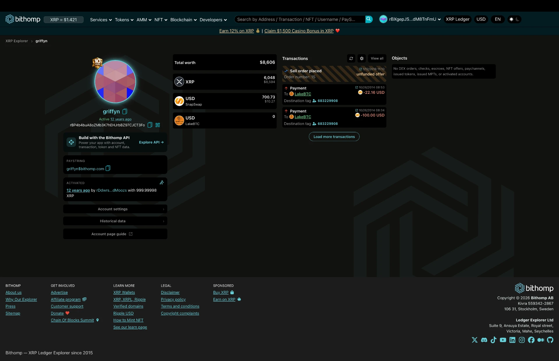 User-supplied Bithomp screenshot of the griffyn account, showing its activation and historical transactions.