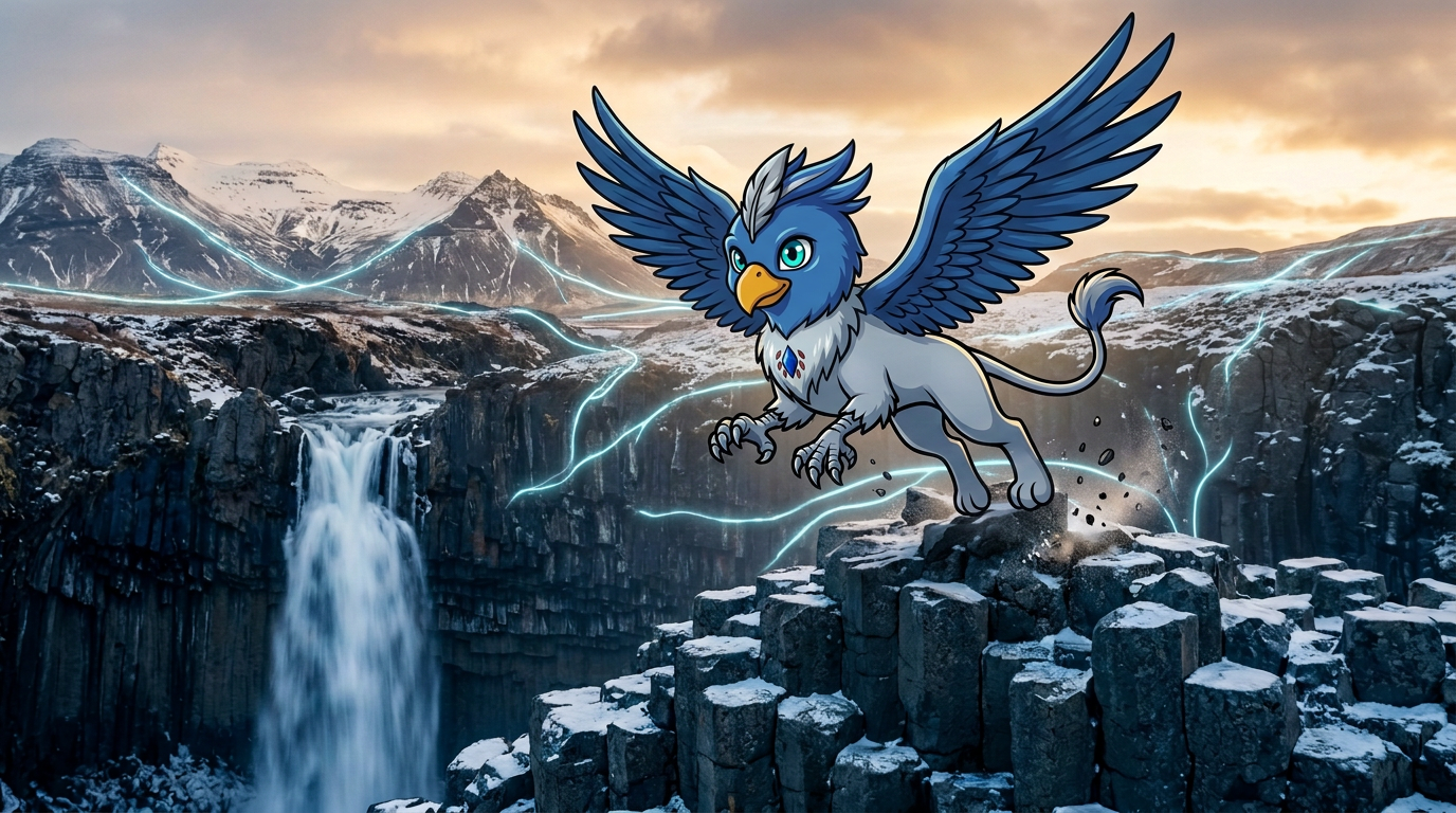 Young blue Griffyn spreading his wings over a rocky ravine.