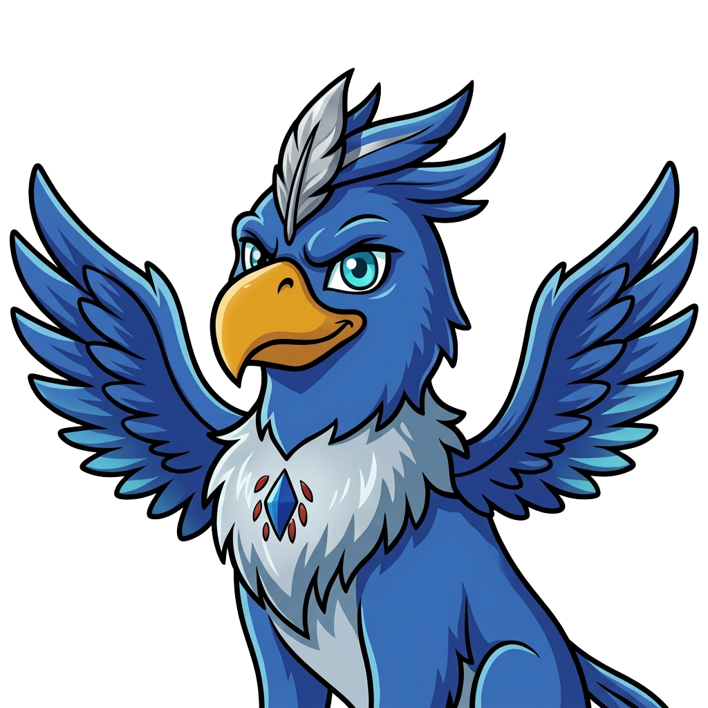 Griffyn: blue feathers, silver crest, turquoise eyes and a golden beak.